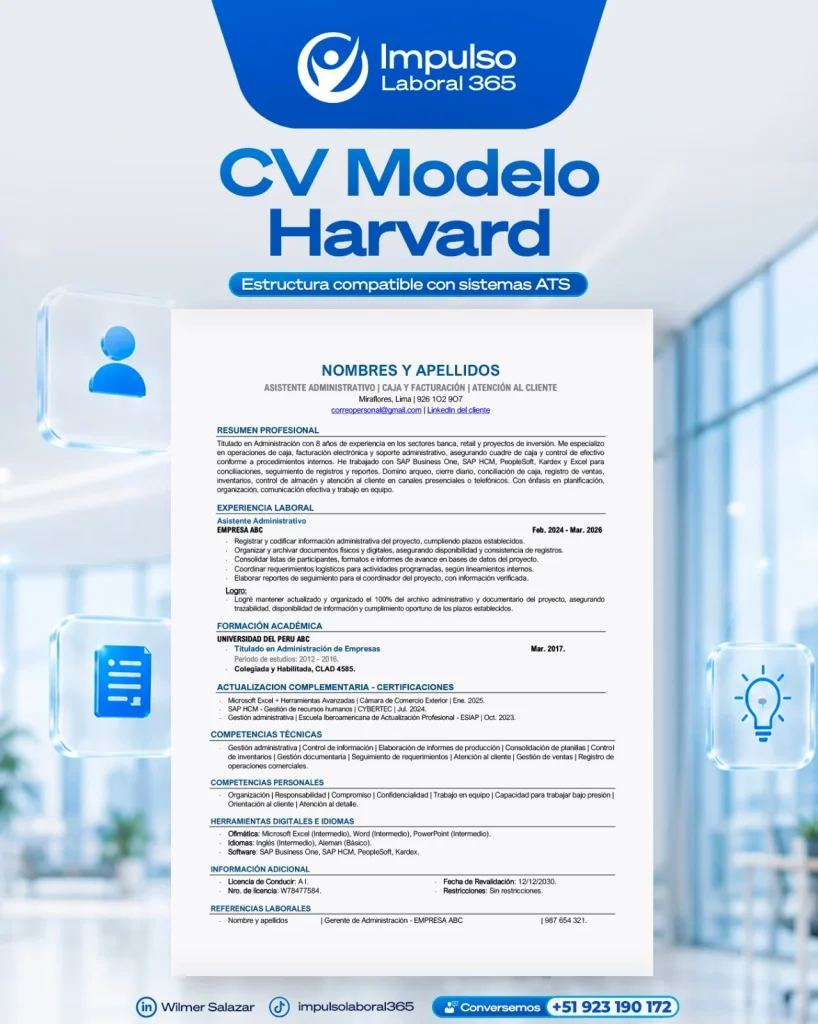 CV Modelo Harvard – Compatible con sistemas ATS